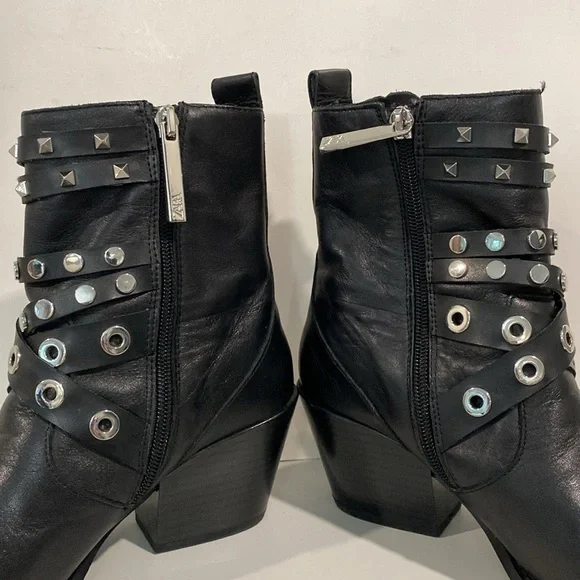 Zara Black Studded Leather Heeled Ankle Size 6 - Picture 4 of 14